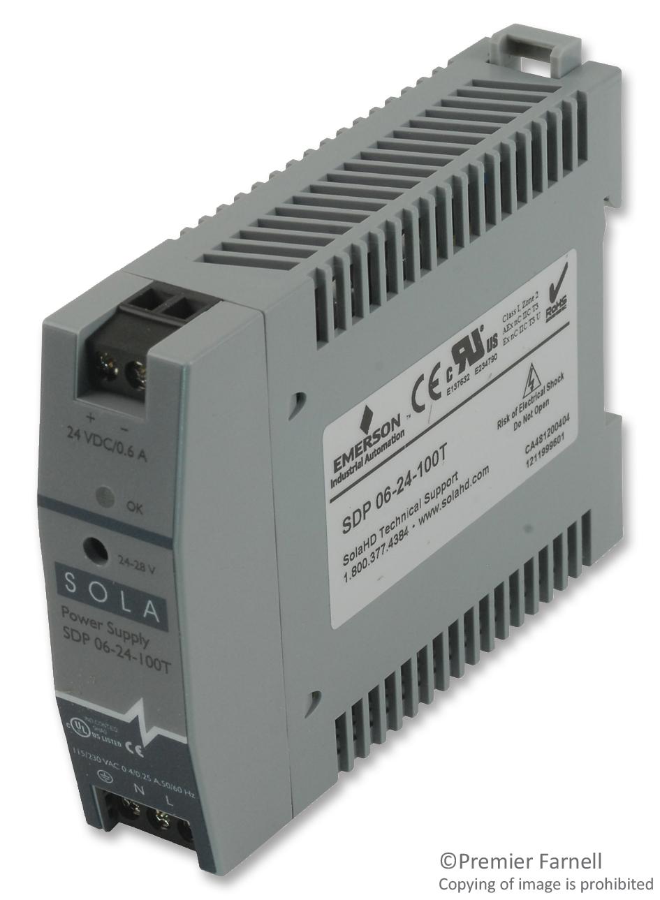 Solahd Sdp06-24-100T Ac-Dc Converter, Din Rail, 1 O/p, 14.4W, 600Ma, 24V