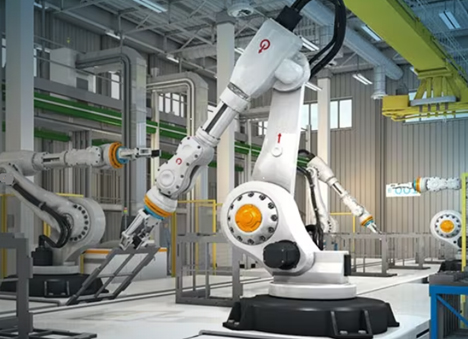Industrial automation unit with robots and sensors 